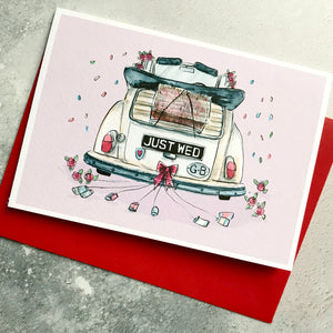 Personalised 'Just Wed' Vintage Wedding Car Congratulations Card