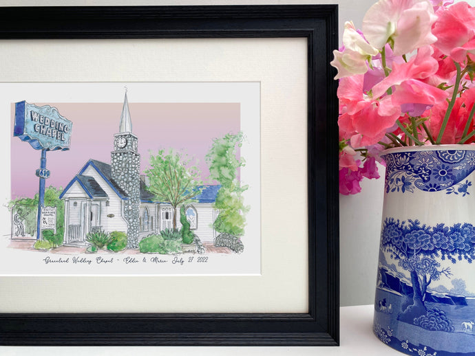 Personalised Graceland Wedding Chapel Giclee Print - Hand Drawn Illustration - Watercolor Graceland Wedding Chapel Art Print - Vegas Wedding