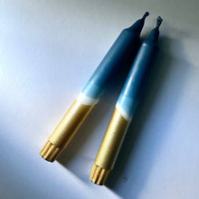 Teal Blue & Gold Dip Dyed Dinner Candles