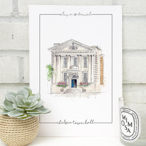 Personalised Chelsea Town Hall Giclee Art Print - Illustration - Made to Order - Chelsea Town Hall Wedding - Chelsea London Venue Wall Art