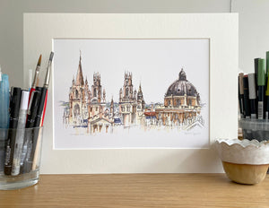 Personalised Oxford Spires Giclee Art Print - Hand Drawn Illustration - Oxford Spires England - Oxford Skyline - Oxford University Gift