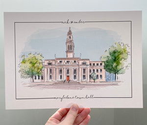 Personalised Marylebone Town Hall Giclee Art Print - Hand Drawn Print - Made to Order - Marylebone Town Hall - Wedding Venue Illustration
