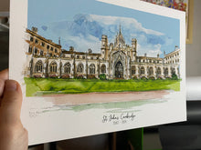 St Johns College Cambridge University Giclee Print - Personalised St Johns College Watercolour - Cambridge University Graduation Gift