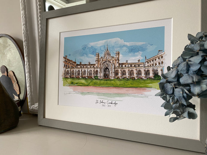 St Johns College Cambridge University Giclee Print - Personalised St Johns College Watercolour - Cambridge University Graduation Gift