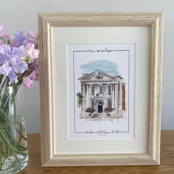 Personalised Chelsea Town Hall Giclee Art Print - Illustration - Made to Order - Chelsea Town Hall Wedding - Chelsea London Venue Wall Art