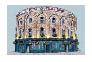 Royal Vauxhall Tavern in London, a Hand painted Illustration using Watercolours and Inks, featuring a Daytime/ Night-time or Pride Flag as background options.