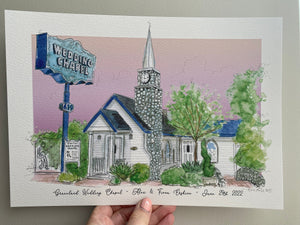 Personalised Graceland Wedding Chapel Giclee Print - Hand Drawn Illustration - Watercolor Graceland Wedding Chapel Art Print - Vegas Wedding