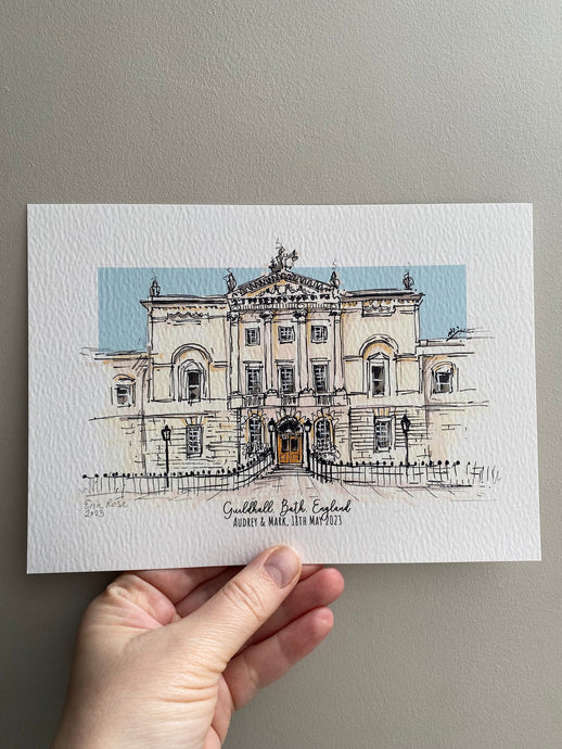 Personalised Guildhall Bath Print - Hand Drawn Illustration - Guildhall Bath England - Watercolour Wedding Venue Art Print - Giclee Print