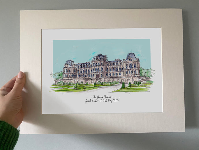The Bowes Museum at Barnard Castle - Watercolour Giclee Art Print - Hand Drawn Illustration - The Bowes Museum Wedding Personalised Painting