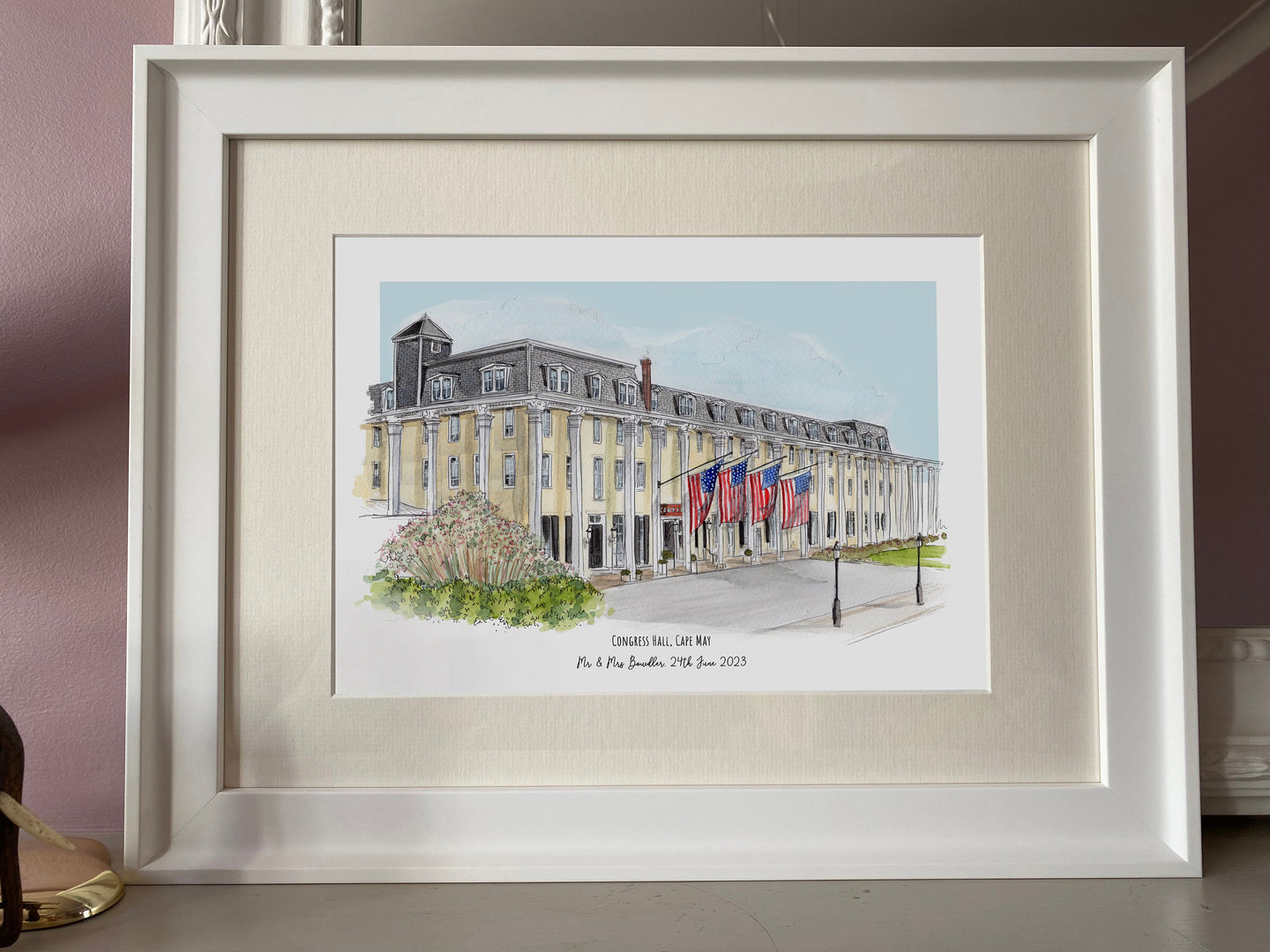 Congress Hall Cape May NJ Personalised Print - Cape May Wedding Gift - Personalised Congress Hall NJ Wedding Watercolour - Giclee Art Print