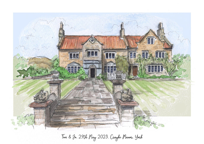 Crayke Manor York Giclee Art Print - York Illustration - Hand Drawn Wedding Venue Artwork - Personalised Watercolour Crayke Manor Painting