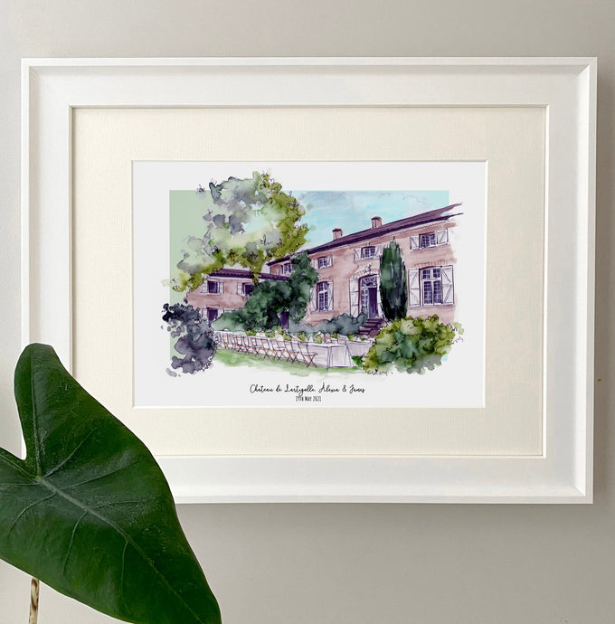 Chateau de Lartigolle Giclee Art Print - Watercolour Hand Painted Chateau de Lartigolle Print - Pessan France - Wedding Venue Illustration