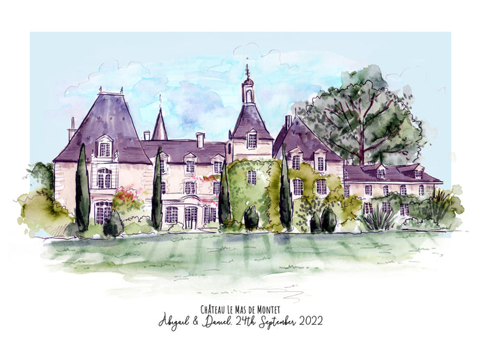 Chateau Le Mas de Montet Art Print - Watercolour Hand Painted Château Le Mas de Montet Print - Dordogne Bordeaux Wedding Venue Illustration
