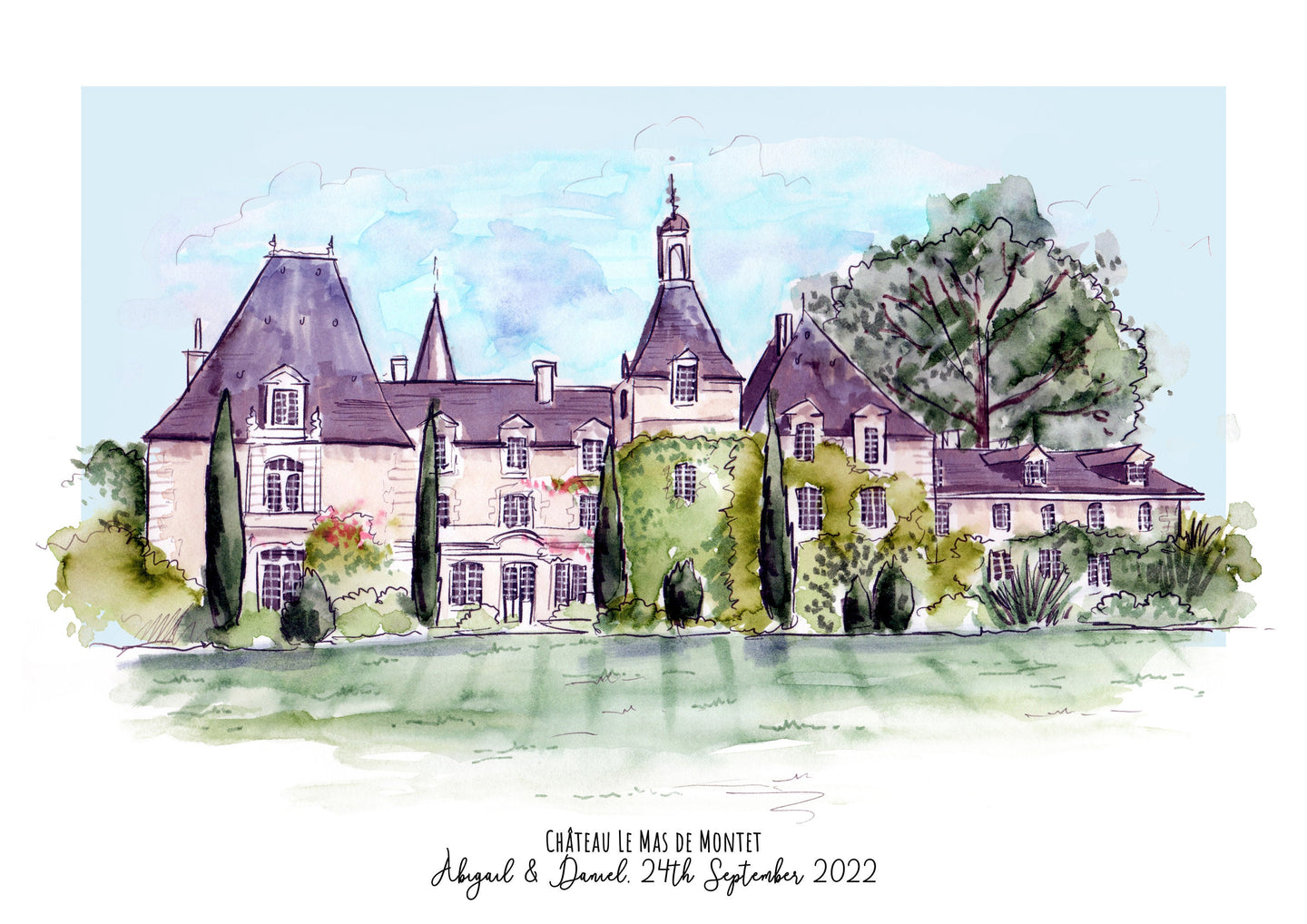 Chateau Le Mas de Montet Art Print - Watercolour Hand Painted Château Le Mas de Montet Print - Dordogne Bordeaux Wedding Venue Illustration