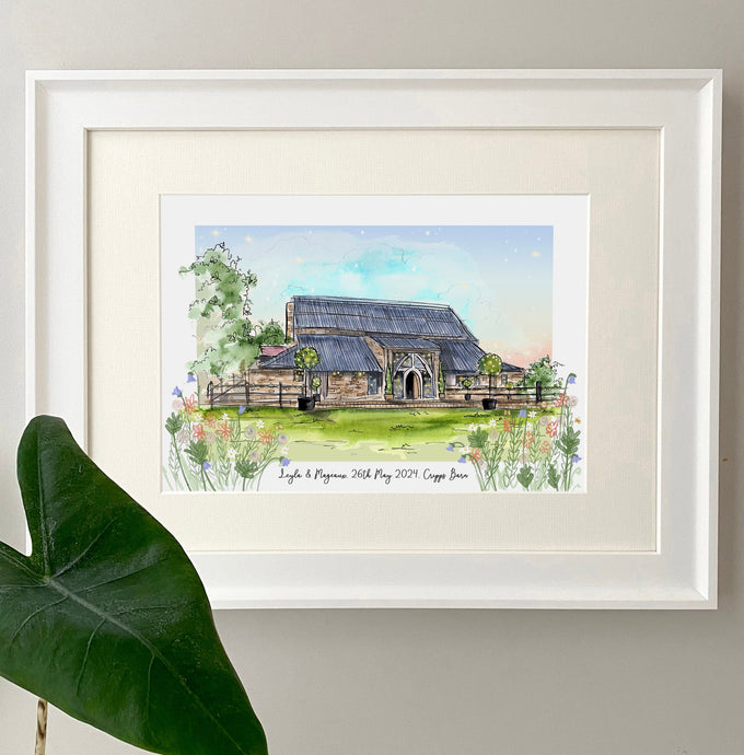 Cripps Barn Cirencester Personalised Giclee Art Print - Watercolor Venue Illustration - Hand drawn Cripps Barn Wedding - Anniversary Artwork