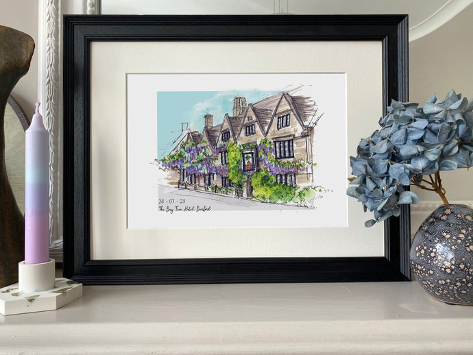 The Bay Tree Hotel in Burford - Watercolour Giclee Art Print - Hand Drawn Illustration - The Bay Tree Wedding Art Print - Cotswolds England