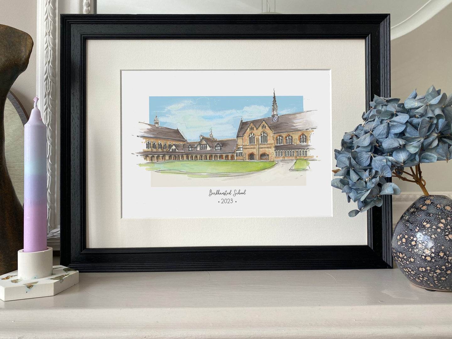 Personalised Berkhamsted School Giclee Art Print - Watercolour Hand Drawn Illustration - Berkhamsted School Hertfordshire England Wall Art