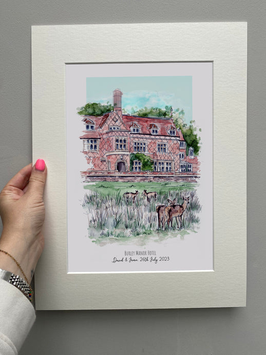 Personalised Burley Manor Hotel Art - Burley Manor Wedding Print - Anniversary - Burley Manor Watercolour Giclee Print - New Forest Venue
