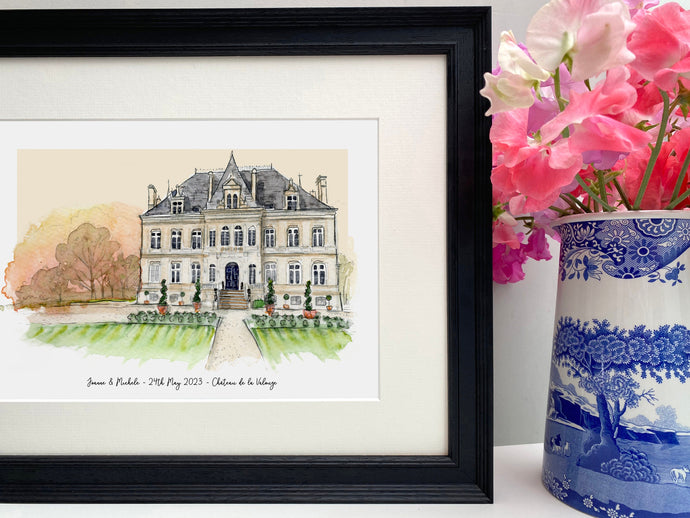 Château de la Valouze Art Print - Watercolour Hand Painted Château de la Valouze Print - Bordeaux Wedding Venue Print - Venue Illustration