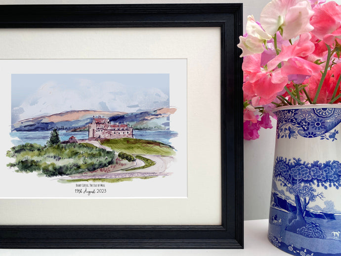 Duart Castle Scotland Personalised Giclee Art Print - Castle Duart Wedding Gift - Isle of Mull Wedding -Watercolour Anniversary Illustration