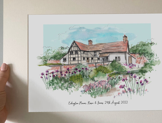 Eckington Manor Personalised Giclee Art Print - Watercolour - Made to Order - Eckington Manor Worcestershire - Wedding Venue Illustration