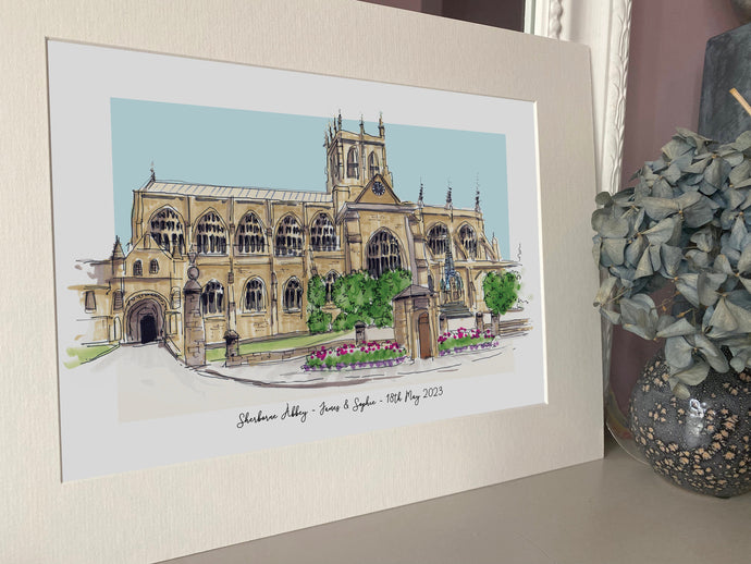 Personalised Sherborne Abbey Giclee Art Print - Sherborne Abbey Dorset Wedding Gift - Wedding Wall Art - Watercolour Venue Illustration