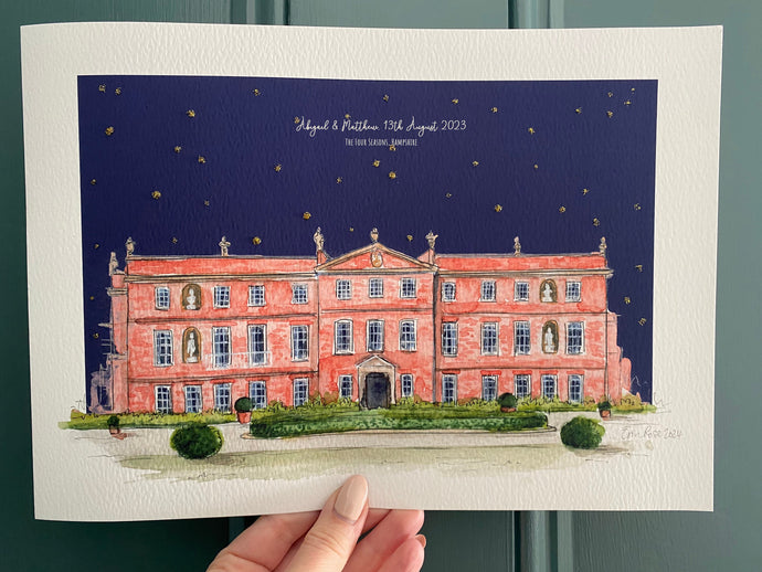Personalised Four Seasons Hotel Hampshire Art Print - Four Seasons Wedding Venue - Hampshire Wedding Art - Four Seasons Hotel Illustration