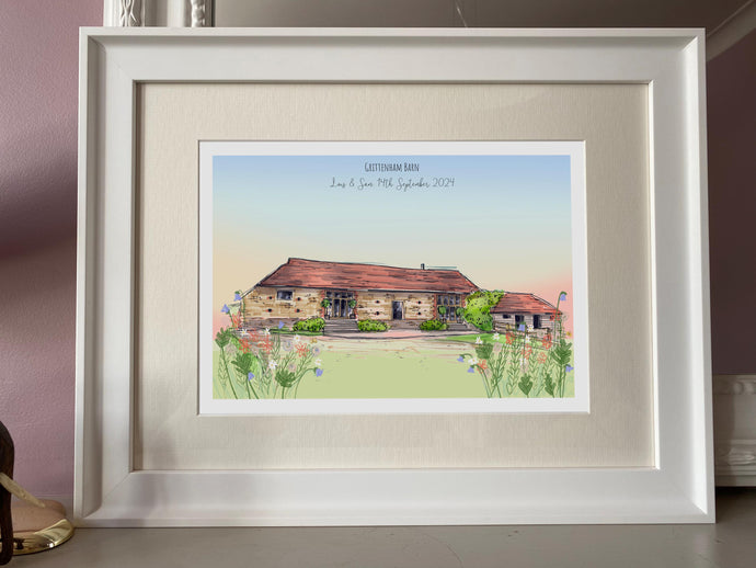 Grittenham Barn Giclee Art Print - Personalised Wedding Venue Print - Watercolour Illustration - Anniversary Venue Art - Grittenham Barn Art