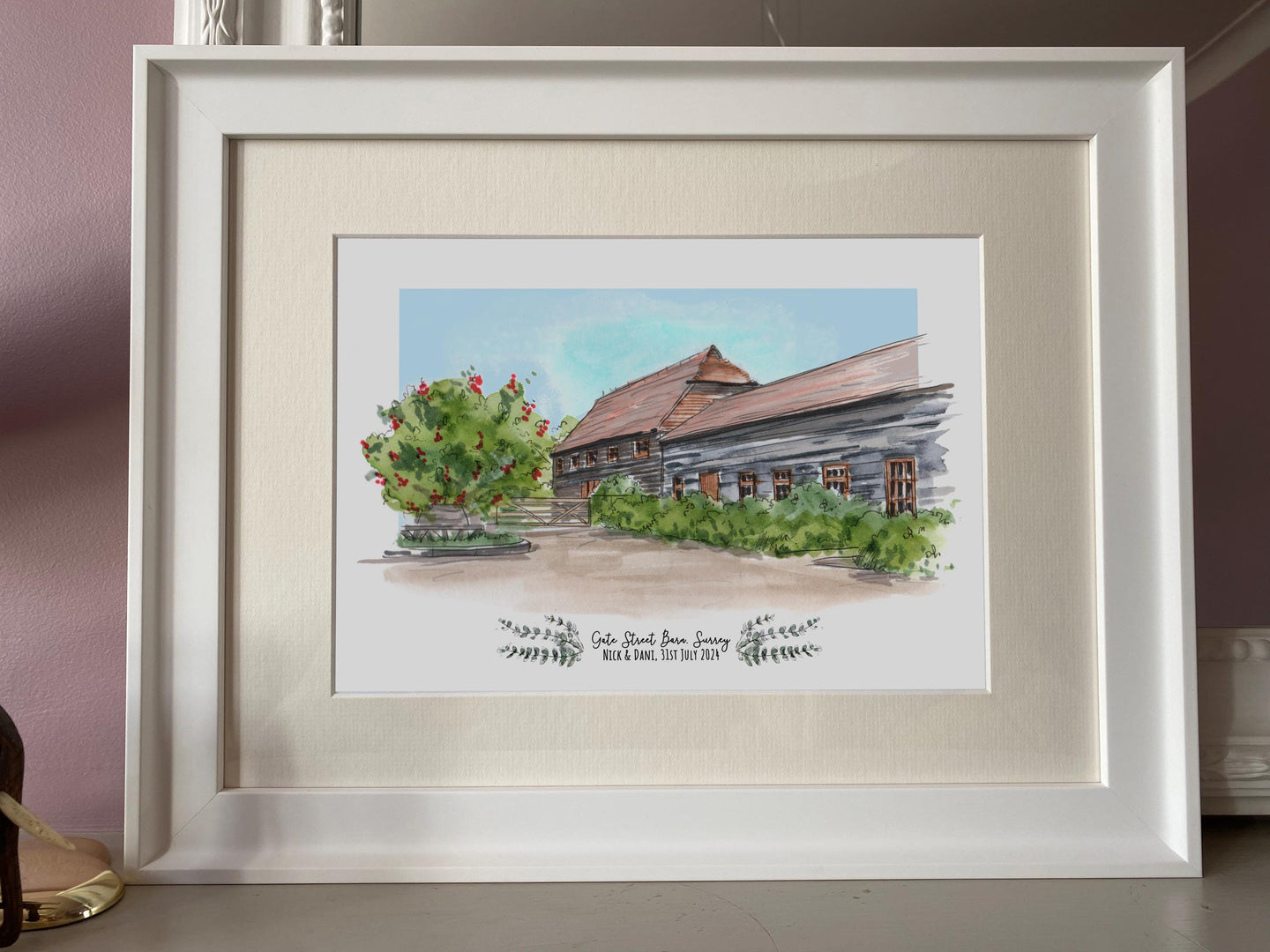 Gate Street Barn Surrey Personalised Giclee Art Print - Gate Street Barn Illustration - Gate Street Barn Wedding Artwork - Barn Surrey Art
