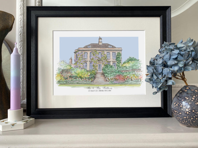 Personalised Hamswell House Bath - Giclee Art Print - Hand Drawn Illustration - Hamswell House England - Watercolour Wedding Venue Art Print