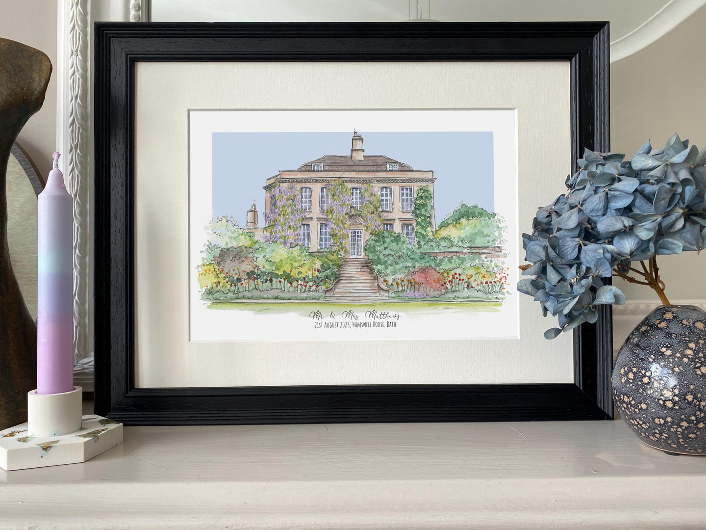 Personalised Hamswell House Bath - Giclee Art Print - Hand Drawn Illustration - Hamswell House England - Watercolour Wedding Venue Art Print