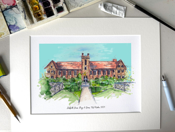 Personalised Hatfield House Print - Hand Drawn Print - Made to Order - Hatfield House Wedding - Venue Illustration - Hatfield Hertfordshire