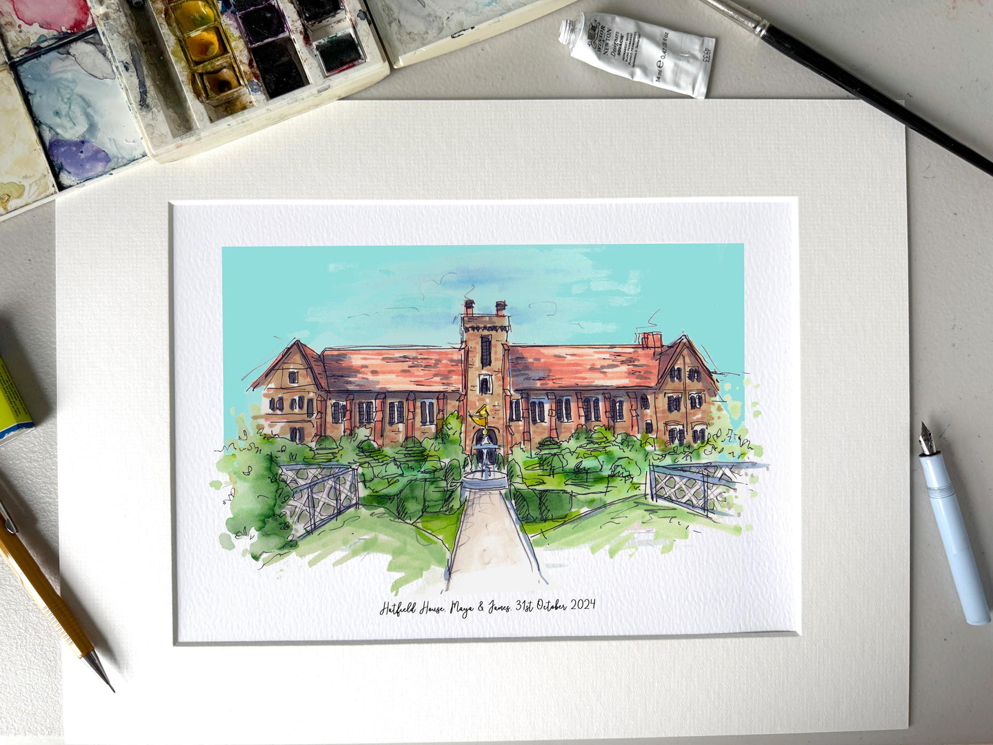 Personalised Hatfield House Print - Hand Drawn Print - Made to Order - Hatfield House Wedding - Venue Illustration - Hatfield Hertfordshire