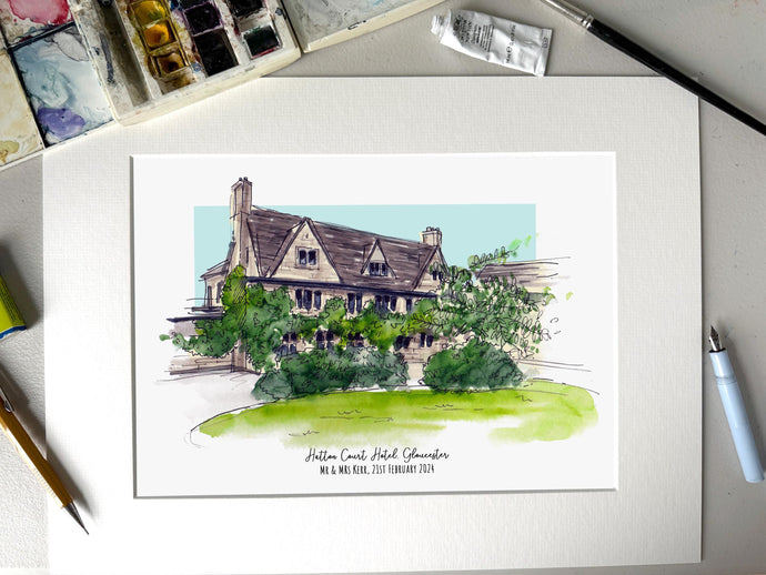 Hatton Court Hotel Wedding Art Print - Hatton Court Watercolour Giclee Art - Gloucestershire Watercolor Wall Art - Handpainted Wedding Venue