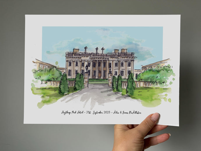 Heythrop Park Wedding Print - Watercolour Giclee Art Print - Hand Drawn Illustration - Heythrop Park Artwork - Wedding Personalised Painting