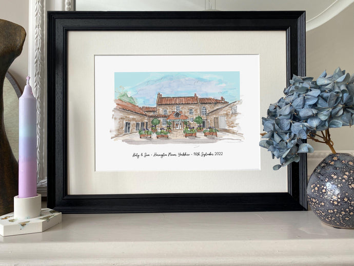 Personalised Hornington Manor Giclee Art Print - Hornington Manor Illustration - Hand Drawn Barn Artwork - Wedding Print - Yorkshire Wedding