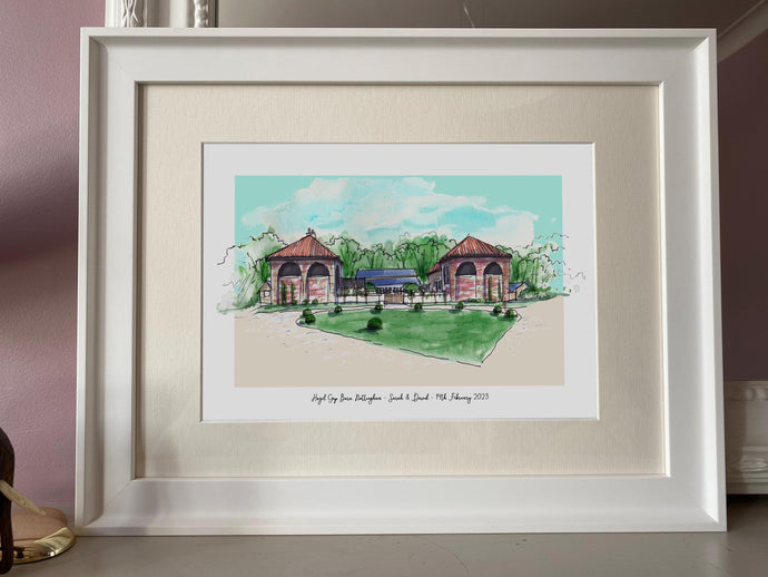 Personalised Hazel Gap Barn Giclee Art Print - Hazel Gap Barn Nottingham Wedding Gift - Wedding Wall Art - Watercolour Venue Illustration