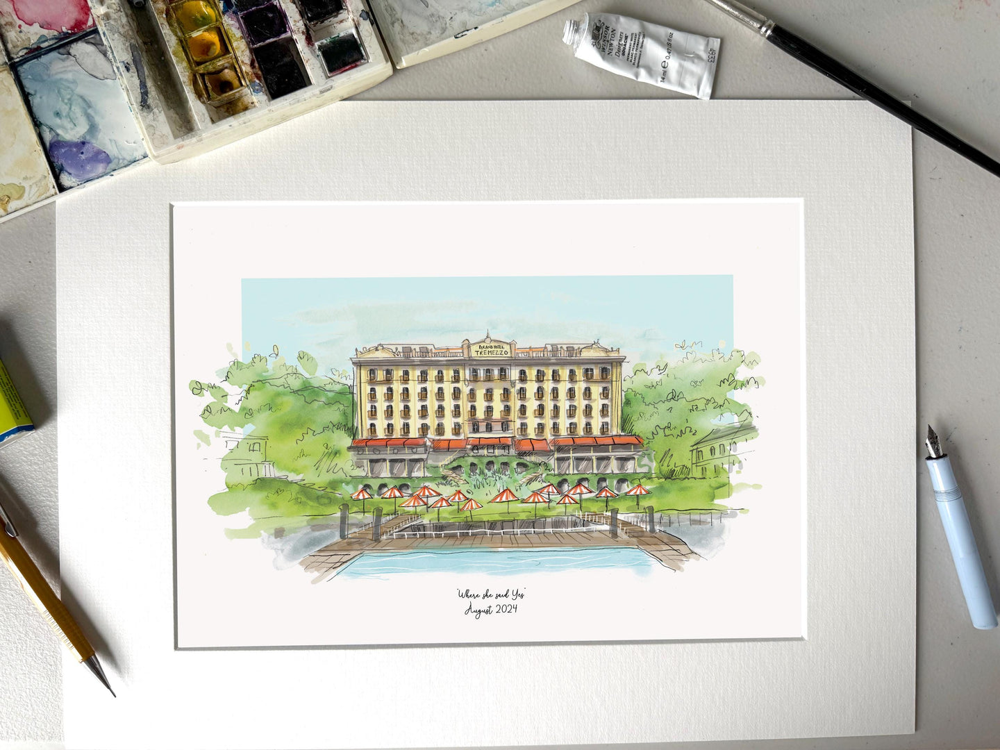 Personalised Grand Hotel Tremezzo Giclee Art Print - Grand Hotel Tremezzo Lake Como Wedding Engagement Art - Watercolour Venue Illustration