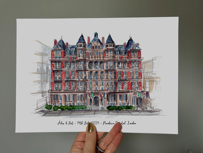 The Mandarin Oriental London Giclee Art Print - Personalised Watercolour Illustration - Mandarin Oriental Hotel Wedding Gift - Framed Art