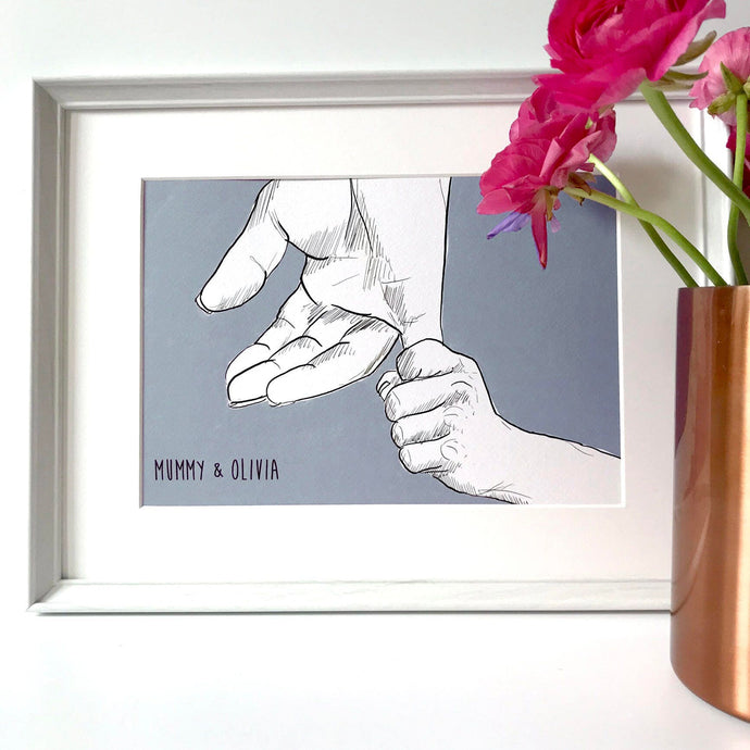 Mummy And Me 'Holding Hands' Giclee Print - Mothers Day Art Print - Mum & Child Holding Hands Art - Hand Drawn Hands - Personalised Print