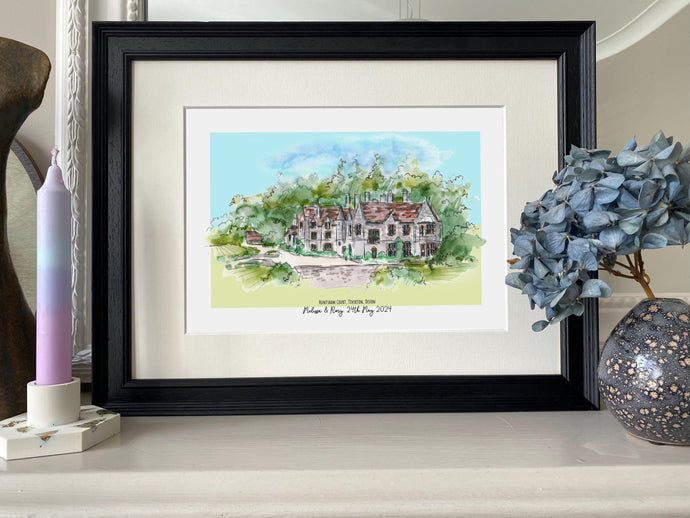 Personalised Huntsham Court Giclee Art Print - Huntsham Court Tiverton Devon - Watercolour Art Print - Devon Wedding Venue Illustration Art