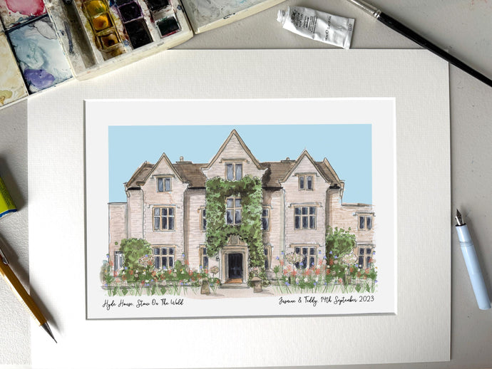 Personalised Hyde House Giclee Print - Hyde House Wedding - Wedding Venue Illustration - Hyde House Stow On The Wold Gloucester Wedding Art