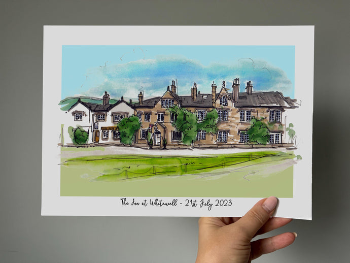 The Inn at Whitewell Giclee Art Print - Wedding Watercolour - Inn at Whitewell Lancashire - Framed Venue Wall Art - Building Illustration