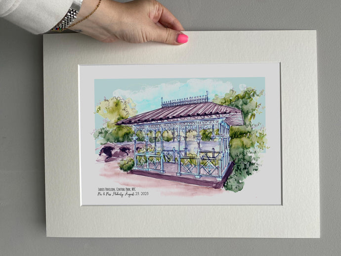 Personalised Ladies Pavilion Central Park NYC Giclee Art Print - Central Park Wedding Print - Watercolor Engagement Gift - Ladies Pavilion