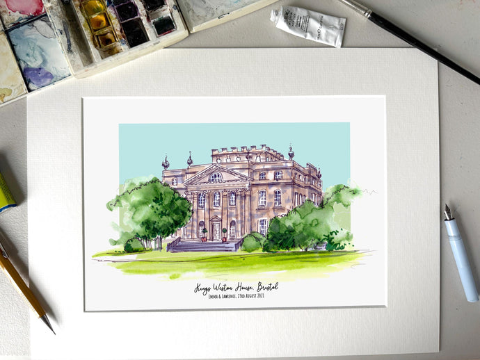 Personalised Kings Weston House Giclee Art Print - Hand Drawn Print - Made to Order - Kings Weston House Bristol - Wedding Venue Watercolour