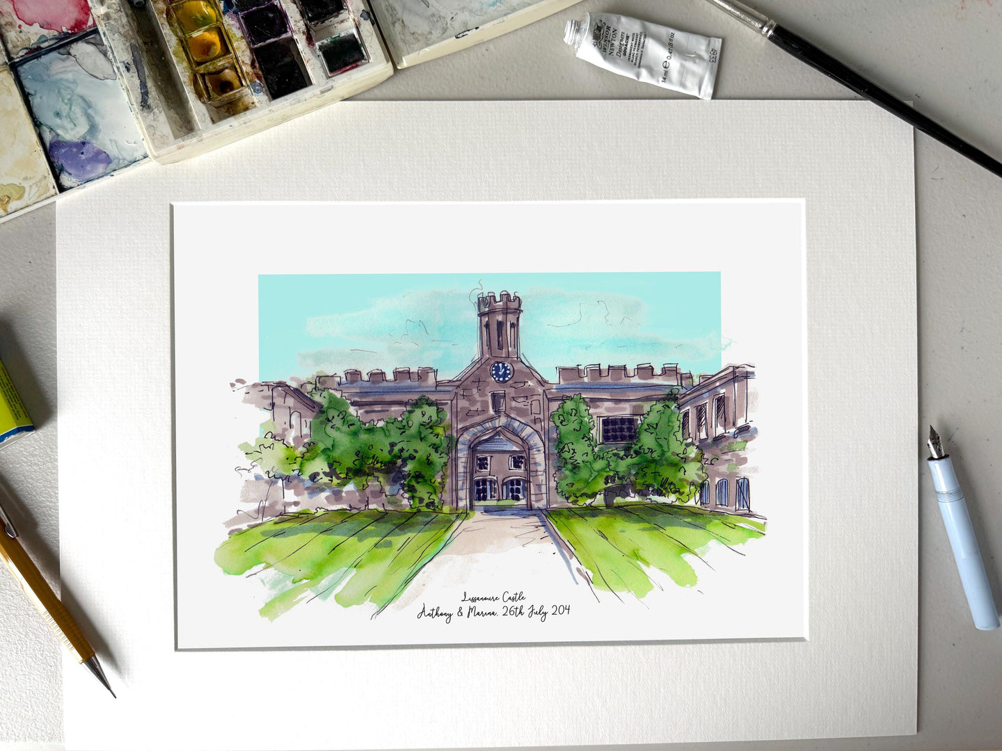 Personalised Lissanoure Castle Northern Ireland Giclee Art Print - Wedding Venue Wall Art - Lissanoure Castle Wedding Present - Watercolour