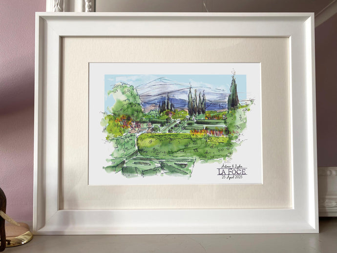 Personalised La Foce Giclee Art Print - La Foce Tuscany Italy Wedding Engagement Art - Watercolour Venue Illustration - Italian Venue Art