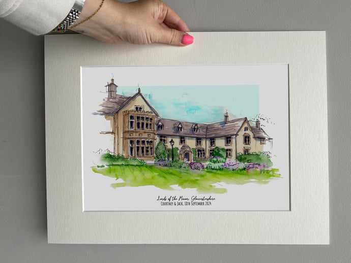 Lords of the Manor Personalised Giclee Art Print - Watercolor Venue Illustration - Hand drawn Lords of the Manor Cotswolds Wedding Artwork