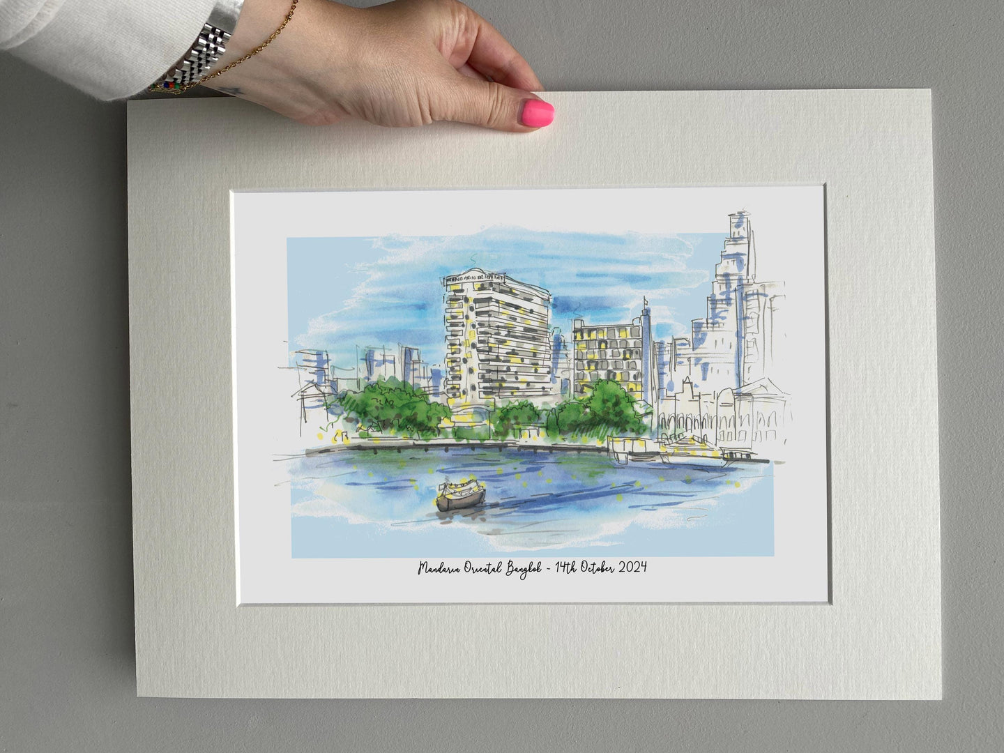 Personalised Mandarin Oriental Bangkok Giclee Print - Hand Drawn Illustration - Mandarin Oriental Bangkok Skyline - Thailand Wedding Art