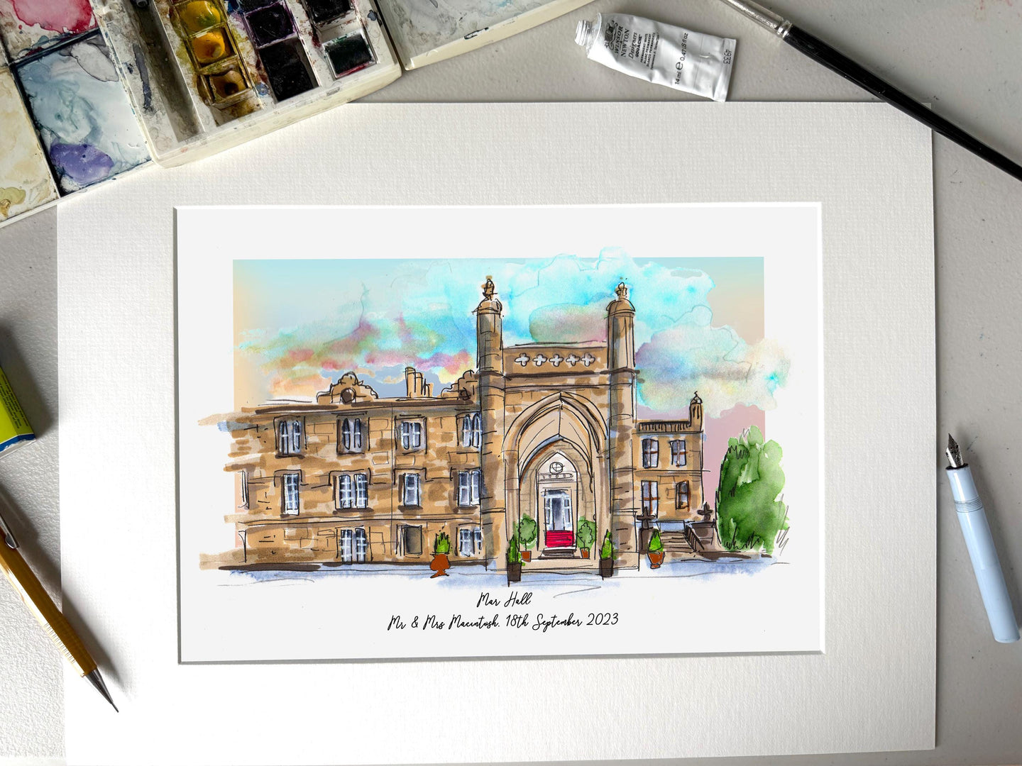 Mar Hall Scotland Personalised Giclee Art Print - Mar Hall Hotel Watercolour - Personalised Mar Hall Wedding Anniversary Gift - Mar Hall Art